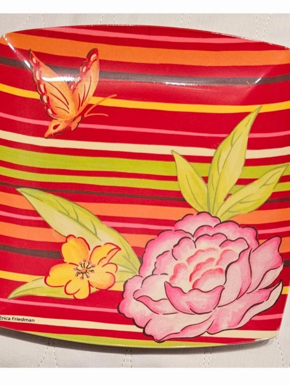 Colorful Floral Stripe Square Melamine Salad Plates - Red Pink Green - Set Of 6